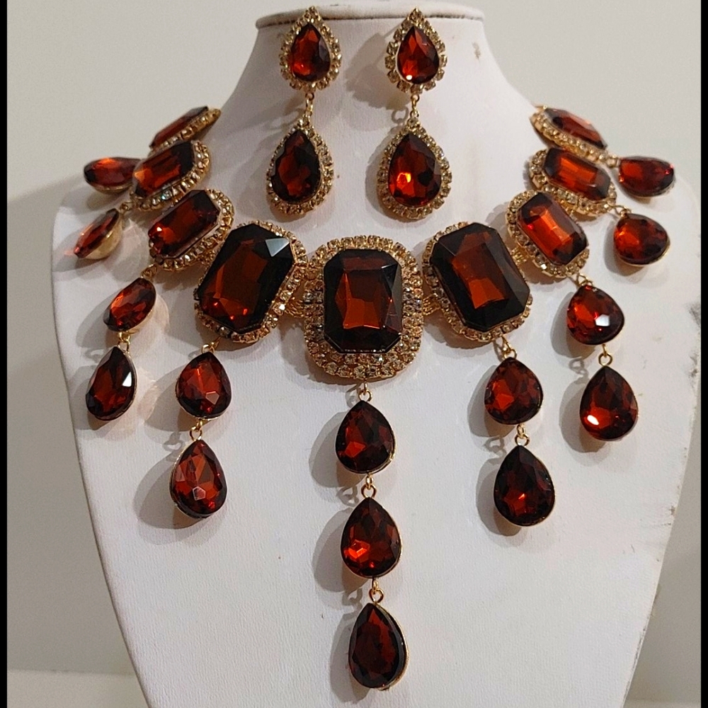 Crystal Drop Amber Necklace Set